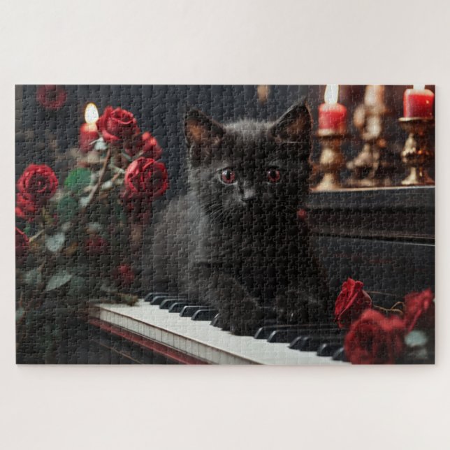 Quebra-cabeça Gato preto doce deitado no piano (Horizontal)