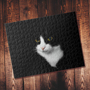 Quebra-cabeça Gato Preto e Branco Difícil em Preto Sólido