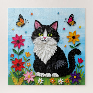 Quebra-cabeça Gato Preto e Branco Fofo, Flores e Borboletas