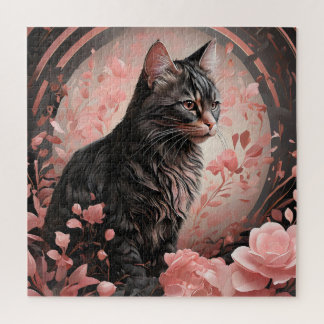 Quebra-cabeça Gato Preto Elegante Cercado por Flores Rosa