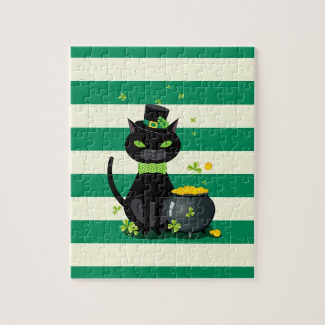 Quebra-cabeça Gato preto em arco e chapéu com shamrock verde (Vertical)