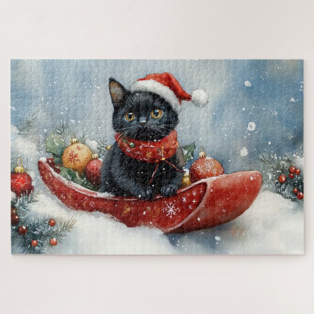 Quebra-cabeça Gato Preto em Trenó Deixe Nevar Natal (Horizontal)