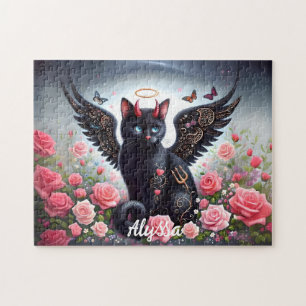 Quebra-cabeça Gato preto engraçado demônio e anjo