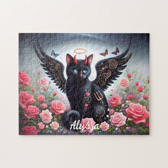 Quebra-cabeça Gato preto engraçado demônio e anjo  (Horizontal)