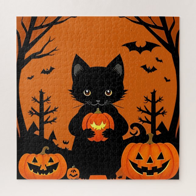 Quebra-cabeça Gato Preto Fofo com Abóboras de Halloween (Vertical)