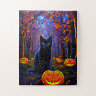 Quebra-cabeça Gato Preto Fofo com Abóboras de Halloween