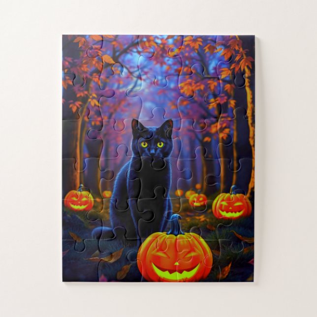 Quebra-cabeça Gato Preto Fofo com Abóboras de Halloween (Vertical)