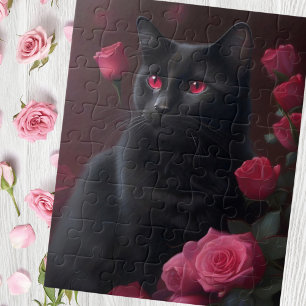 Quebra-cabeça Gato preto místico e rosas florescentes
