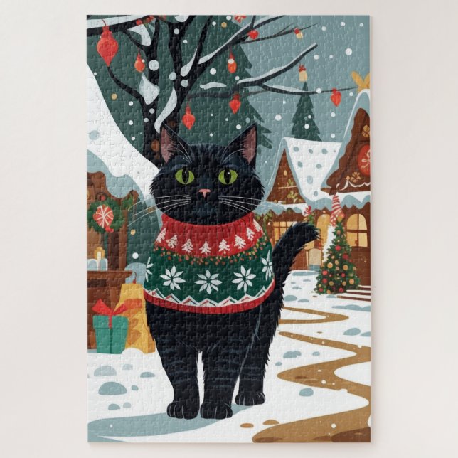 Quebra-cabeça Gato Preto Natal Neve Férias (Vertical)