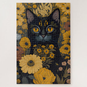 Quebra-cabeça Gato Preto Olhos Amarelos Flores Vintage