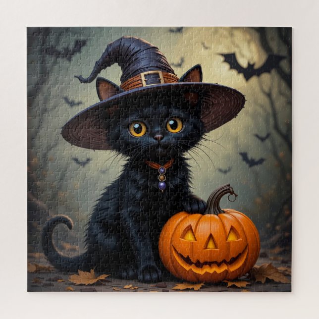 Quebra-cabeça Gato Preto Usando Chapéu de Bruxa (Vertical)