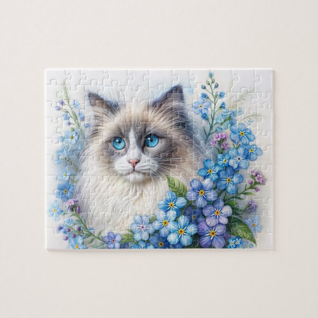 Quebra-cabeça Gato Ragdoll Entre Flores de Não-Me-Esqueças (Horizontal)