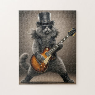 Quebra-cabeça Gato Rockstar Tocando Guitarra Elétrica em Couro