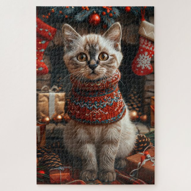 Quebra-cabeça Gato Siamês com Lareira de presentes de Natal (Vertical)