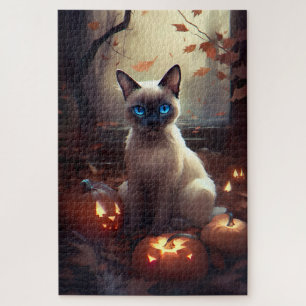 Quebra-cabeça Gato Siamês do Halloween Com Pumpkins Assustado