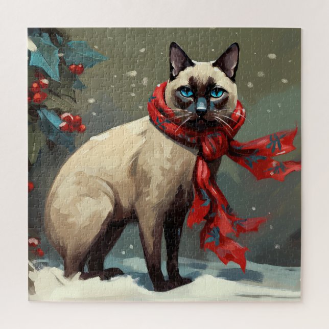 Quebra-cabeça Gato Siamês no Natal da Neve (Vertical)