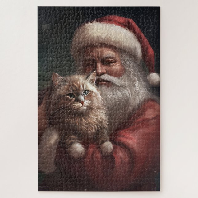 Quebra-cabeça Gato Siberiano com Papai Noel Natal Festivo (Vertical)