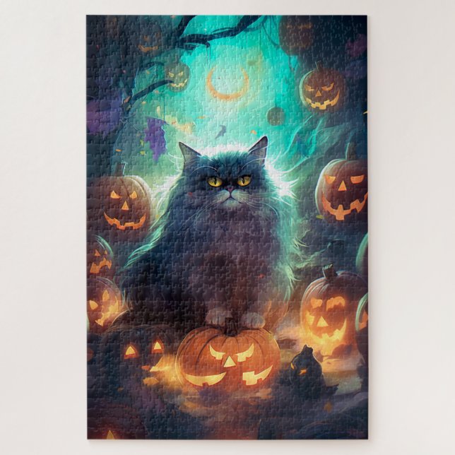 Quebra-cabeça Gato Siberiano de Halloween com Abóboras Assustado (Vertical)