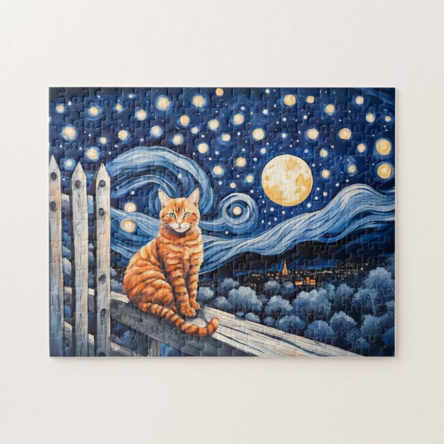 Quebra-cabeça Gato sob aquarela de noite estrelada (Horizontal)
