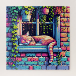 Quebra-cabeça Gato Sonolento no Parapeito da Janela Arte de IA