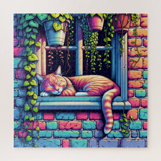 Quebra-cabeça Gato Sonolento no Parapeito da Janela Arte de IA (Vertical)
