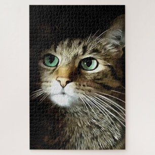 Quebra-cabeça Gato Tabby Com Olhos Verdes Isolados A Preto