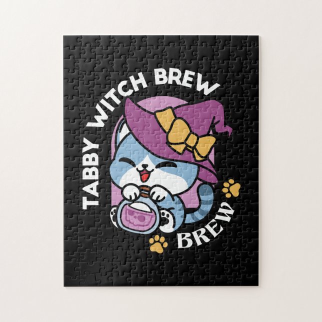 Quebra-cabeça Gato Tabby de Halloween – Arte de Chapéu de Bruxa  (Vertical)