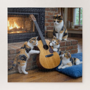 Quebra-cabeça Gato Tricolor com Gatinhos e Violão