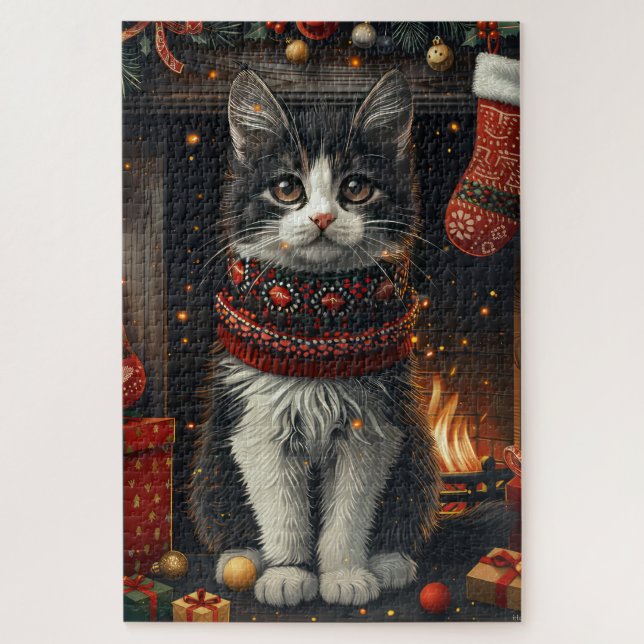 Quebra-cabeça Gato Tuxedo com Presentes de Natal Lareira (Vertical)