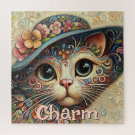 Quebra-cabeça Gato Whimsical com chapéu Floral Personalizado
