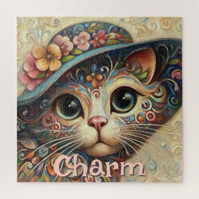Quebra-cabeça Gato Whimsical com chapéu Floral Personalizado (Vertical)