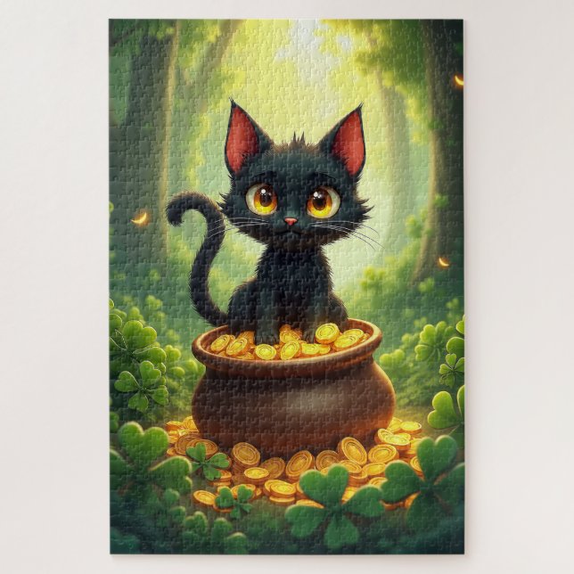 Quebra-cabeça Gato Whimsical em um Pote Dourado (Vertical)