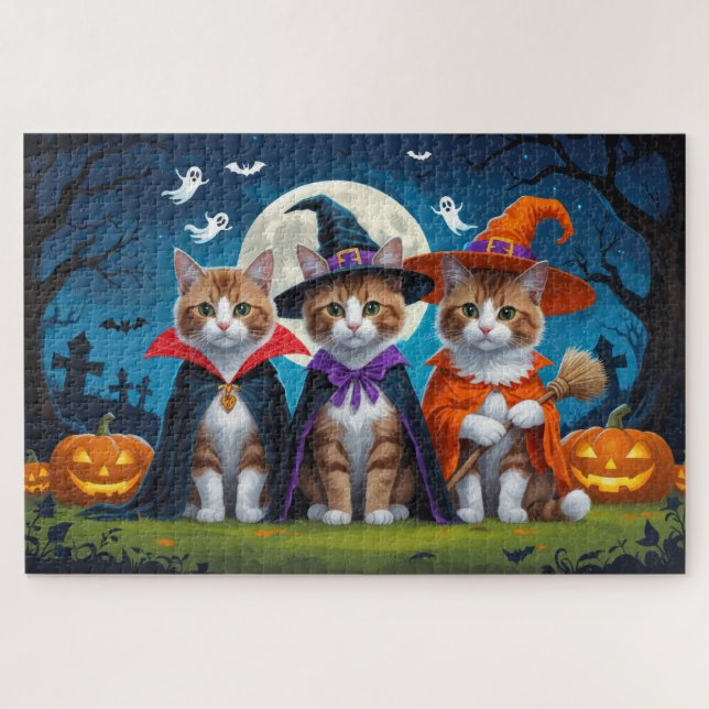 Quebra-cabeça Gatos Abissinérgicos Pumpkin Halloween Engraçado (Horizontal)