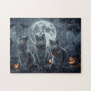 Quebra-cabeça Gatos Azuis Russos Halloween Assustador