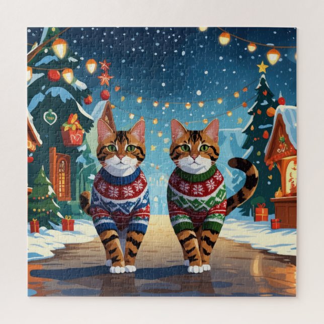 Quebra-cabeça Gatos Bengala Natal Neve Férias (Vertical)