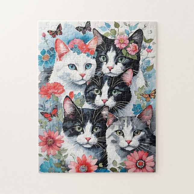 Quebra-cabeça Gatos Cujos Flores e Borboletas são Rosa (Vertical)