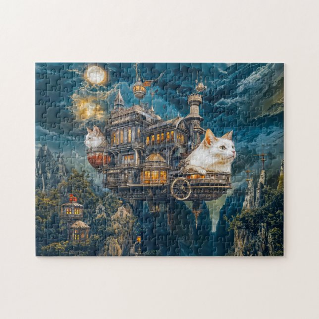 Quebra-cabeça Gatos de castelo voador Noite Steampunk (Horizontal)