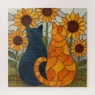 Quebra-cabeça Gatos de Vidro Colorido e Design de Arte de Girass