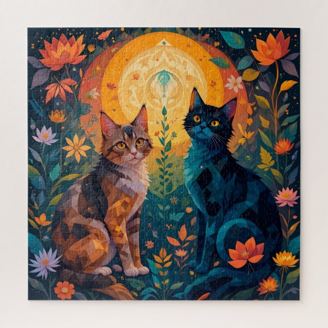Quebra-cabeça Gatos em Cena da Natureza com Elementos Geométrico (Vertical)