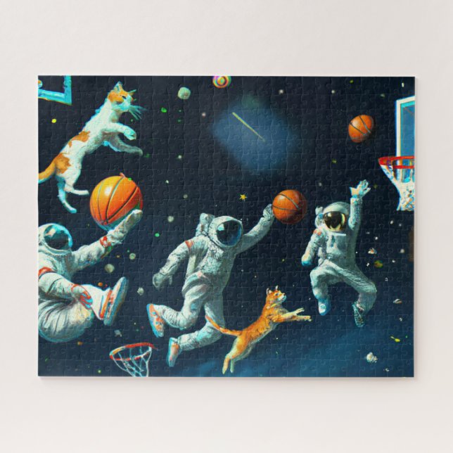 Quebra-cabeça Gatos Jogando Basquete no Espaço com Astronautas (Horizontal)