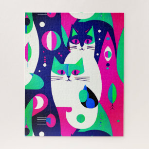 Quebra-cabeça Gatos Modernos do Século médio num Fundo Azul Escu