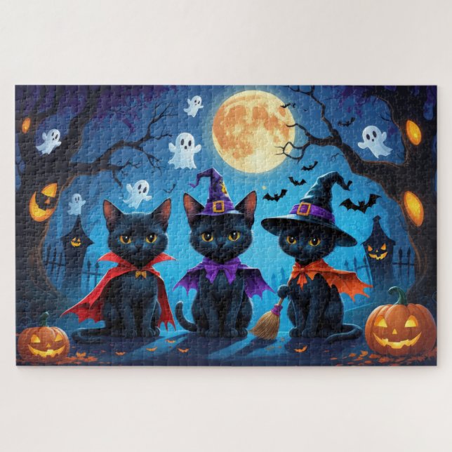 Quebra-cabeça Gatos Negros Pumpkin Halloween Engraçado (Horizontal)