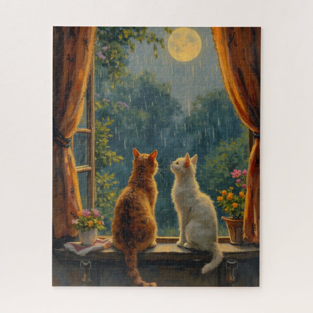 Quebra-cabeça Gatos olhando para a lua e chuva (Vertical)