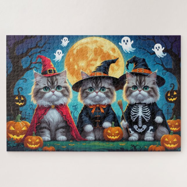 Quebra-cabeça Gatos Persa Pumpkin Halloween Engraçado (Horizontal)