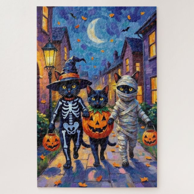Quebra-cabeça Gatos Pretos Pedindo Doces em Fantasias de Hallowe (Vertical)