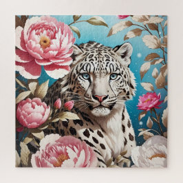 Quebra-cabeça Gaze-Leopardo-Da-Neve Em Greve E Pêonias Rosa