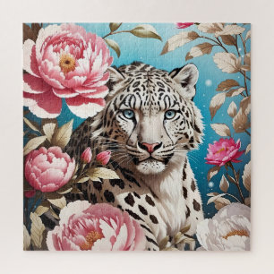 Quebra-cabeça Gaze-Leopardo-Da-Neve Em Greve E Pêonias Rosa