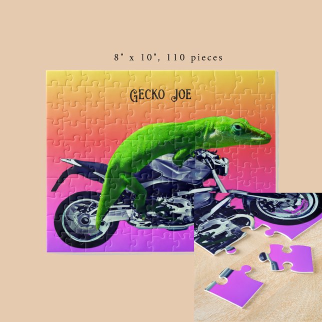 Quebra-cabeça Gecko Motorcycle Rider Pink Horizon Add Name 8x10 (Gecko Motorcycle Rider Pink Horizon Add Name 8x10 Jigsaw Puzzle)