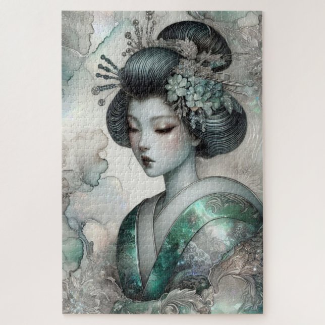 Quebra-cabeça Géisha em Série de Design Verde #2 (Vertical)