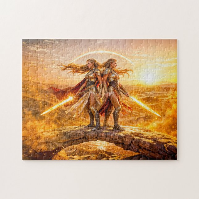 Quebra-cabeça Gemini Zodiac with Twin Warrior Women and Glowing  (Horizontal)